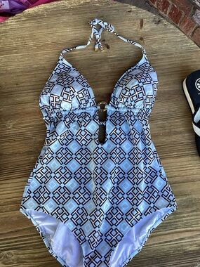 Tory Burch Light Blue Geometric Halter One-Piece Swimsuit